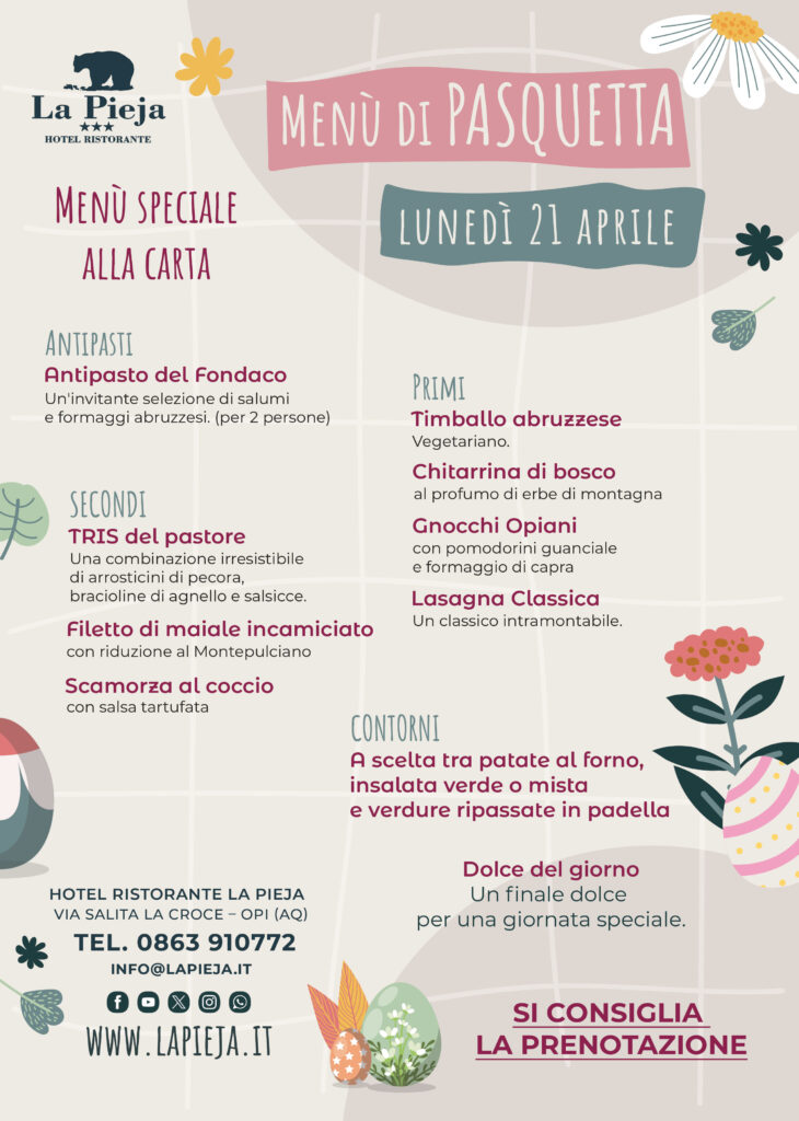 Menù di Pasquetta Opi, pensato per esaltare i sapori più veri della cucina abruzzese in un contesto naturalistico straordinario.